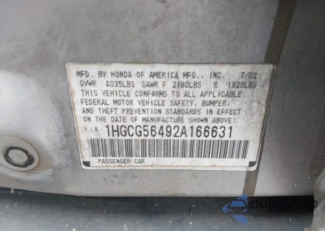 2002 Honda Accord 2.3 Lx from USA, damaged, VIN 1HGCG56492A166631